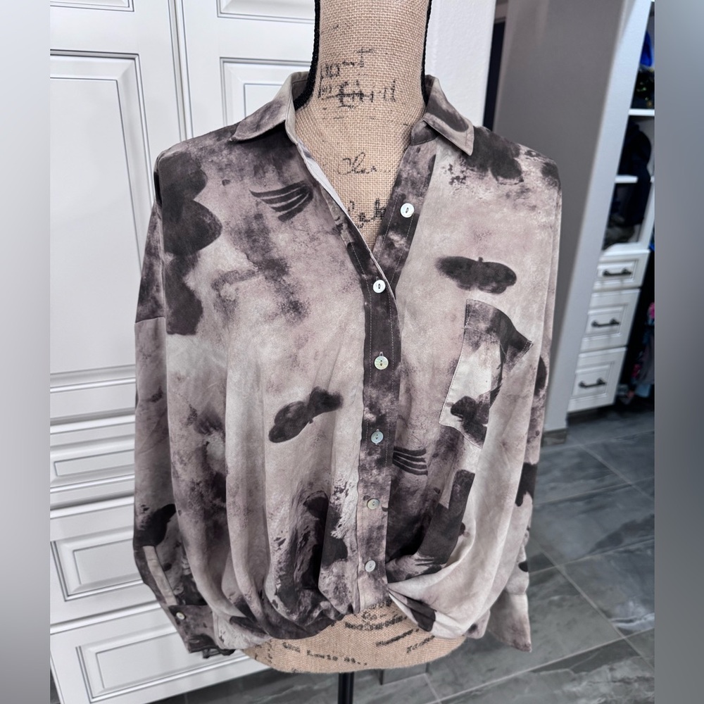 Brown and tan Button-Up Shirt with twist in front